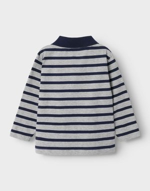 Polo a maniche lunghe con righe grigie e blu navy, dotato di un colletto blu navy e realizzato in morbido cotone. Design semplice con una vestibilità confortevole.