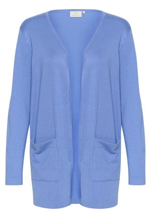 Cardigan azzurro chiaro realizzato in morbido tessuto a maglia. Caratterizzato da maniche lunghe, apertura frontale e due tasche anteriori. Tessuto liscio con bordi a coste.
