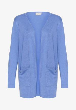 Svijetlo plava kardigan izrađena od mekog pletenog materijala. Ima duge rukave, otvoreni prednji dio i dva prednja džepa. Glatka tekstura s rebrastim rubovima.