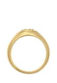 Goldring mit einem glatten, polierten Band und einem eingeprägten floralen Muster an der Oberseite. Verfügt über eine abgerundete Form und gleichmäßige Dicke im gesamten Ring.