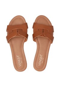 Brune læderslide-sandaler med dobbelt strop-design og en central knudedetalje samt en glat, flad sål. "Venezia" præget på indersålen.