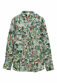 Cămașă cu mânecă lungă și nasturi din material verde, având un imprimeu multicolor cu căpșuni, plante și rachete de tenis. Design cu guler clasic.