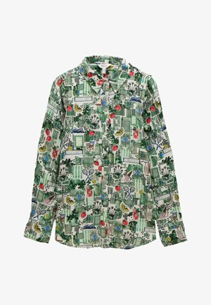 Zaļas krāsas garām piedurknēm krekls ar pogām, kas rotāts ar multkrāsainu zemeņu, augu un tenisa raketu drukājumu. Klasiska apkakles forma.