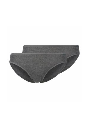 Two plain dark gray cotton women's bikini briefs with elastic waistbands displayed on a white background.