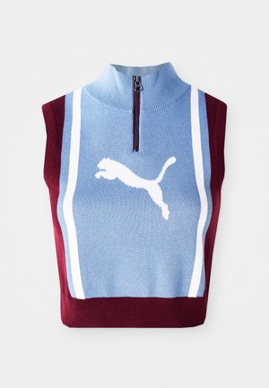 Jersey sin mangas con cuello alto. Presenta un cuerpo azul, laterales burdeos, rayas blancas y un logo de Puma blanco. Cierre con cremallera en el cuello.