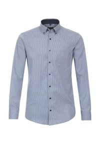 Himmelblaues Button-Up-Hemd mit Karomuster, langen Ärmeln, einer Brusttasche und kontrastierenden dunklen Knöpfen.