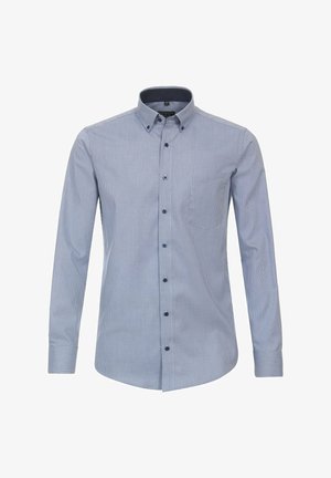 Himmelblaues Button-Up-Hemd mit Karomuster, langen Ärmeln, einer Brusttasche und kontrastierenden dunklen Knöpfen.