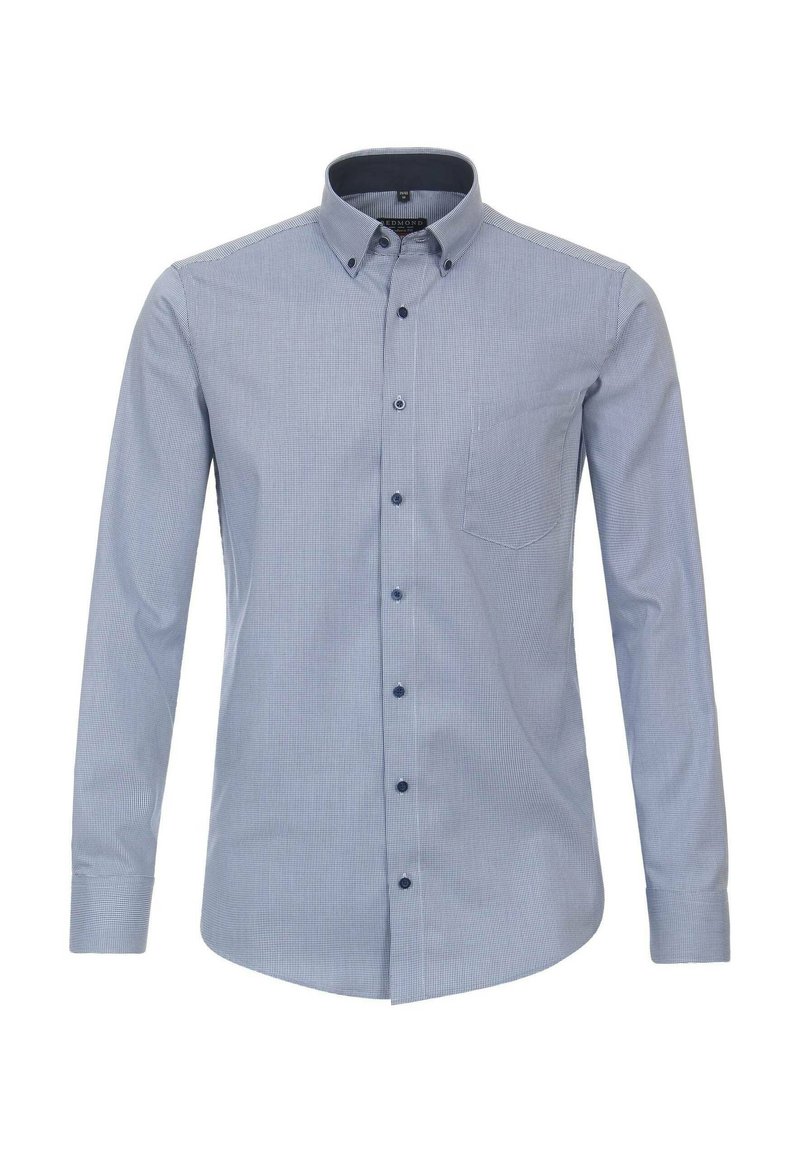 Himmelblaues Button-Up-Hemd mit Karomuster, langen Ärmeln, einer Brusttasche und kontrastierenden dunklen Knöpfen.