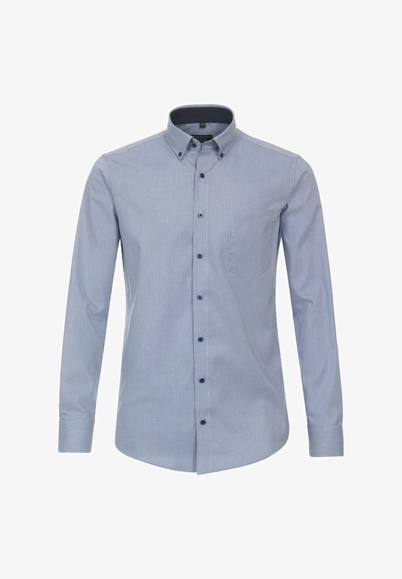 Himmelblaues Button-Up-Hemd mit Karomuster, langen Ärmeln, einer Brusttasche und kontrastierenden dunklen Knöpfen.