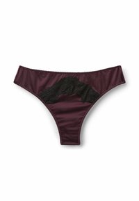 Burgunderfarbenes Satin-Thong mit schwarzem Spitzenakzent. Verfügt über eine glatte Textur, einen durchsichtigen Spitzenbesatz und ein schlichtes Design. Klassische Dreiecksform.