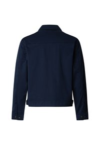 Veste bleu marine à manches longues avec col, poignets boutonnés et pattes de serrage latérales réglables, vue de dos sur fond blanc.