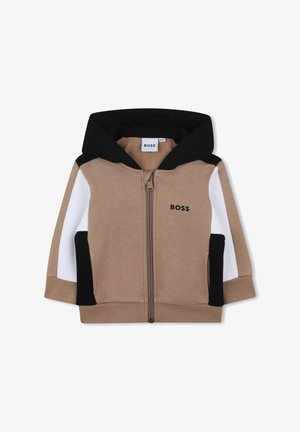 Giacca con cappuccio e zip, marrone e nera, con pannelli laterali bianchi. Materiale misto cotone con logo in evidenza sul petto e tasche anteriori.