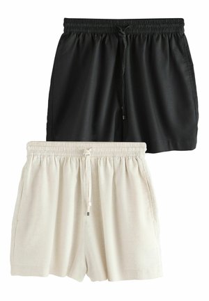 Két pár alkalmi rövidnadrág, egyik fekete, a másik bézs színű, mindkettő rugalmas derékpánttal és elöl zsinórokkal.