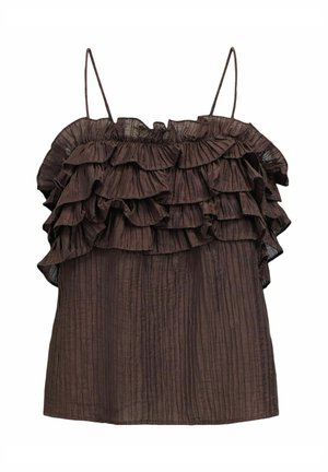 Brązowa bluzka bez rękawów z wieloma warstwowymi falbankami na wysokości klatki piersiowej i cienkimi ramiączkami spaghetti, z fakturą pomarszczonej tkaniny.