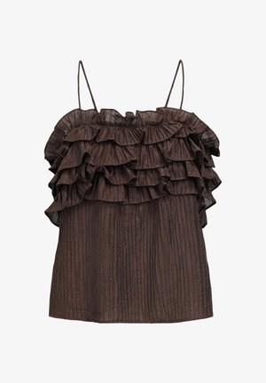 Brun ærmeløs bluse med flere lag af flæser over brystet og tynde spaghetti stropper, med en krøllet stoftekstur.