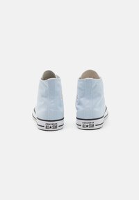Sapatilhas de lona alta azul claro com solas de borracha preta, apresentando um patch de logotipo branco e detalhes em listras pretas e brancas na sola.