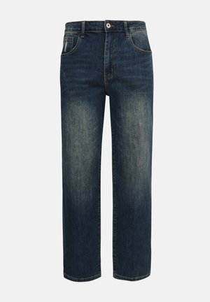 Σκούρα μπλε τζιν με ίσια γραμμή, ελαφρώς ξεθωριασμένα μπροστά στους μηρούς, με πέντε τσέπες και κλείσιμο με κουμπί στη μέση.