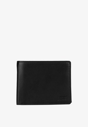 Portefeuille bifold en cuir noir avec logo JOST embossé dans le coin inférieur droit, présenté fermé sur un fond blanc.