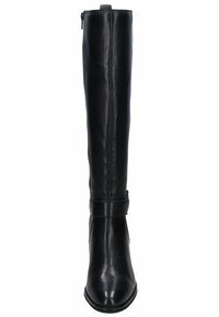 Botte en cuir noire montante avec une texture lisse, une fermeture éclair sur le côté, et un accent de sangle autour de la cheville pour un détail supplémentaire.
