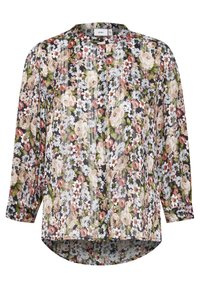 Blusa floreale in tessuto leggero e trasparente. Presenta uno sfondo nero con motivi floreali crema, rosa e verdi; scollatura rotonda; maniche lunghe.