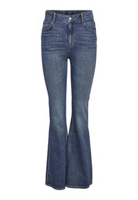 Flarirane traperice tamno plave boje, s visokim strukom, dizajnom s pet džepova i suptilnim detaljima šavova duž spojeva.