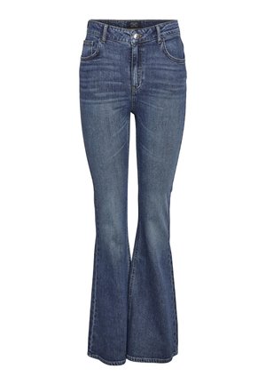 Flared spijkerbroeken in donkerblauwe wassing, met een hoge taille, vijfzakkenontwerp en subtiele stikseldetails langs de naden.