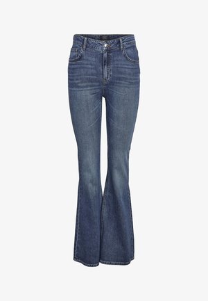 Utsvängda jeans i mörkblå tvätt, med hög midja, femficksdesign och diskreta sömdetaljer längs sömmarna.