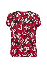 Top rosso con maniche corte caratterizzato da un motivo floreale in bianco e nero. Tessuto morbido con scollatura rotonda e vestibilità ampia.