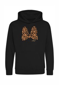 Sudadera negra con un gran gráfico de un lazo de estampado de leopardo en naranja y negro. Incluye un bolsillo frontal y puños y dobladillo acanalados.