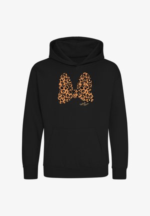 Sort hættetrøje med et stort leopardprint-bow grafik i orange og sort. Inkluderer en frontlomme og ribbede manchetter og kant.