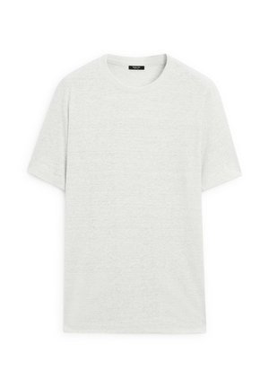 Lichtgrijze katoenen t-shirt met korte mouwen, ronde halslijn en een effen textuur. Geen patronen of zichtbare logo's. Eenvoudig, veelzijdig ontwerp.