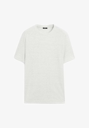 Lichtgrijze katoenen t-shirt met korte mouwen, ronde halslijn en een effen textuur. Geen patronen of zichtbare logo's. Eenvoudig, veelzijdig ontwerp.