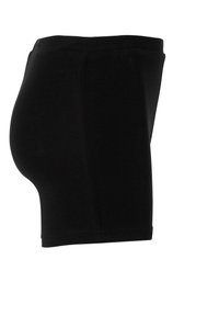 Black maternity shorts made from stretchy cotton fabric, designed to accommodate a growing belly with a smooth waistband and mid-thigh length.