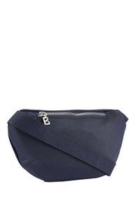 Borsa a tracolla in nylon blu navy con finitura testurizzata, caratterizzata da una cerniera argentata, un accento con logo e una larga tracolla in tessuto.