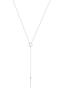 Sølv halskæde med en V-formet kæde og en cirkulær vedhæng samt en lang, slank dråbe-detail under cirklen. Letvægtig og minimalistisk design.