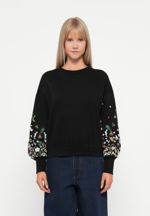 Black sweatshirt featuring balloon sleeves with colorful floral embroidery, round neckline, and a relaxed fit design.
