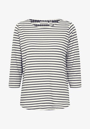 Fehér felső, navy kék vízszintes csíkokkal és apró pöttyös mintával. Hajó kivágással és háromnegyedes ujjakkal rendelkezik. Puha tapintású.