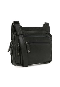 Borsa a tracolla nera in pelle con tracolla regolabile, molteplici tasche con cerniera e texture liscia. Presenta dettagli in metallo argentato.