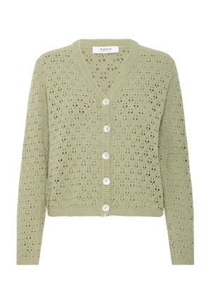 Gai zaļš adīts džemperis ar V-veida kaklu, ar caurumu rakstu un piecām baltām pogām priekšpusē. Mīksta tekstūra.