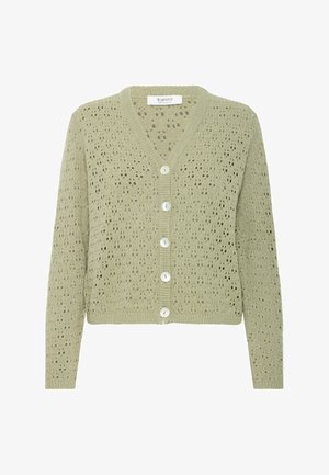 Light green knitted cardigan with a V-neck, featuring a pattern of holes, and five white buttons along the front. Soft texture.