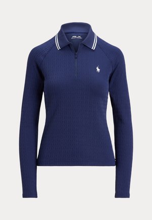 Navy long-sleeve polo shirt with zip collar, cable-knit texture, and white-striped collar accents. Features embroidered logo on left chest.