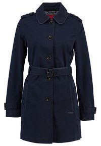 Trench-coat bleu marine ceinturé avec fermeture par boutons, col, épaulettes aux épaules et sangles de manche réglables.