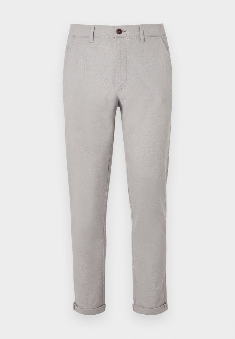 Ljusa grå chinos i texturerat tyg, med knappstängning, sidfickor och uppvikta muddar för en skräddarsydd look.