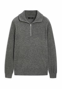 Grijze trui met ritskraag, ribgebreide mouwen en zoom, zachte textuur, casual ontwerp, gemaakt van gebreid materiaal.