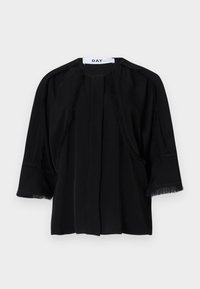 Black short-sleeved top with fringe details along the shoulders and cuffs. Soft fabric, relaxed fit, and front pleat. Brand label: DAY.