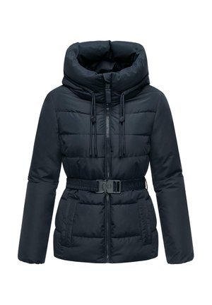 Sort polstret jakke med høj funnel neck, frontlynlås, justerbare snore, to sidelommer og en bælte i taljen.