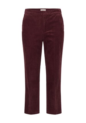 Pantalons en velours côtelé bordeaux avec des rainures verticales, coupe droite et ceinture élastique. Comprend deux poches latérales.