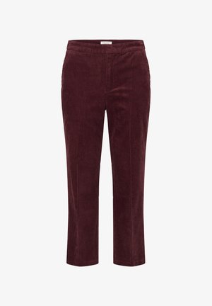 Burgundy corduroy-housut, joissa on pystysuorat nuhruiset, suora lahkeinen muotoilu ja joustava vyötärö. Sisältää kaksi sivutaskua.