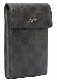 Borsa in pelle nera con motivo a scacchi, dotata di chiusura a patta e logo "JOOP!" in oro sul davanti. Superficie texture.