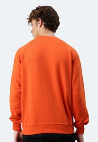 Felpa arancione con collo a giro, maniche a costine e vestibilità rilassata, che mostra una texture liscia e maniche raglan.
